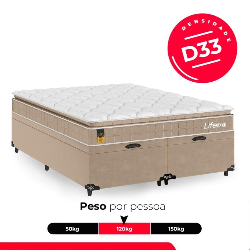 Cama Box Baú Casal Bipartido Colchão Life D33 Pillow Top 61x138x188cm Bege E-shop Casa - imagem 5