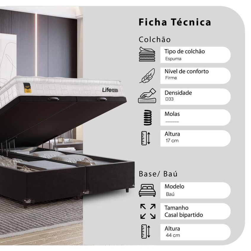 Cama Box Baú Casal Bipartido Preto Colchão Life D33 Pillow Top 61x138x188cm Branco E-shop Casa - imagem 3