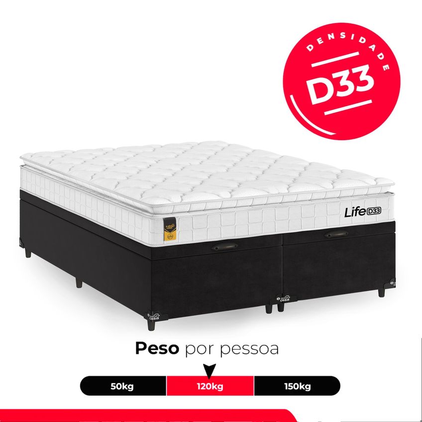 Cama Box Baú Casal Bipartido Preto Colchão Life D33 Pillow Top 61x138x188cm Branco E-shop Casa - imagem 4