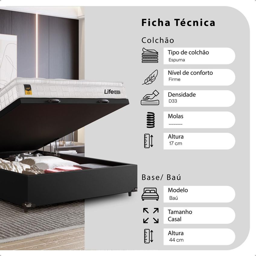 Cama Box Baú Casal Couro Preto Colchão Life D33 Pillow Top 61x138x188cm Branco E-shop Casa - imagem 3