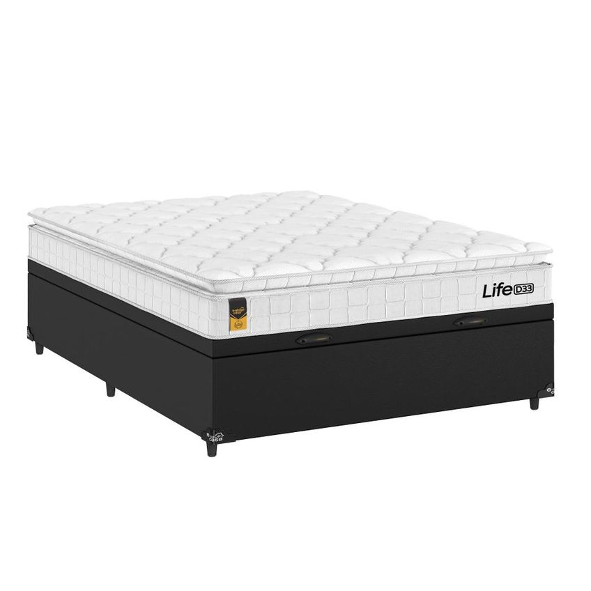 Cama Box Baú Casal Couro Preto Colchão Life D33 Pillow Top 61x138x188cm Branco E-shop Casa - imagem 4