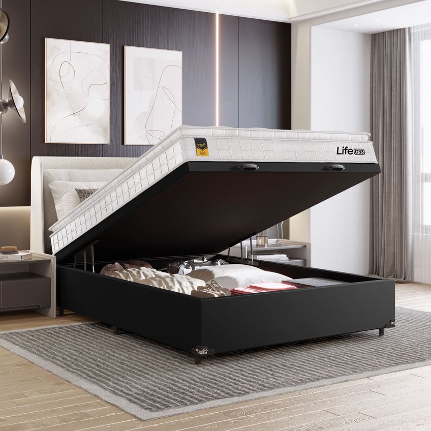 Cama Box Baú Casal Couro Preto Colchão Life D33 Pillow Top 61x138x188cm Branco E-shop Casa - imagem 5