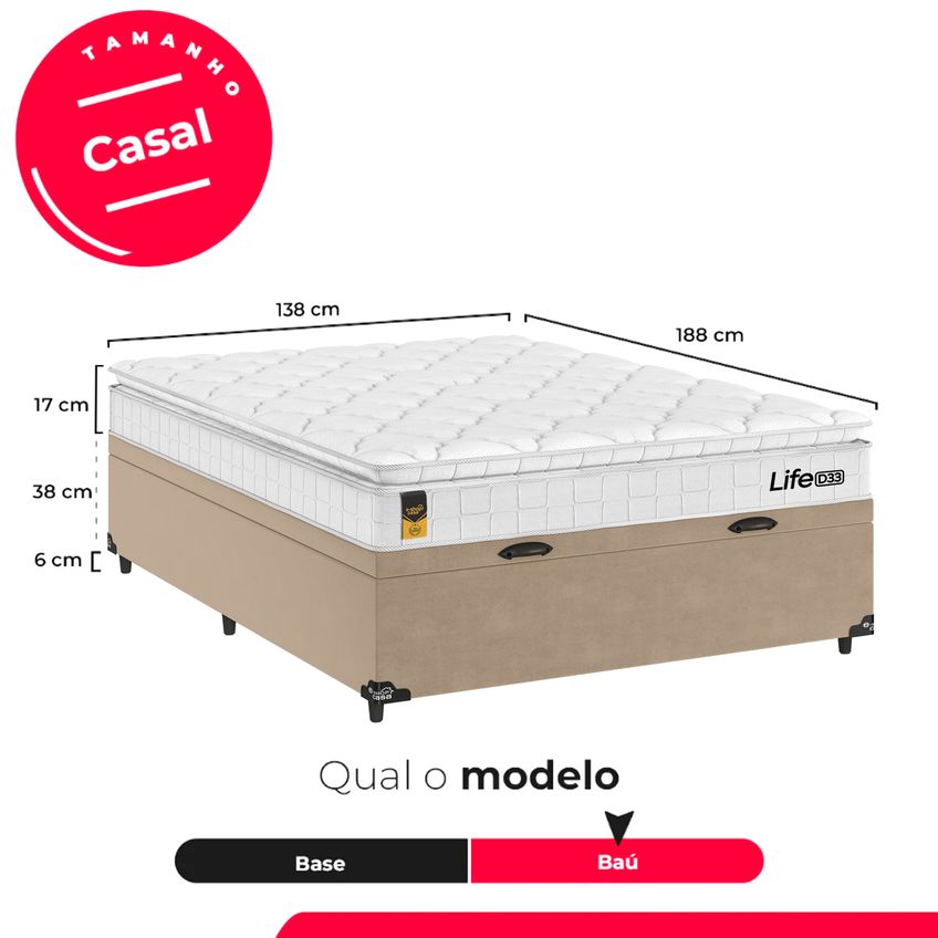 Cama Box Baú Casal Bege Colchão Life D33 Pillow Top 61x138x188cm Branco E-shop Casa - imagem 3