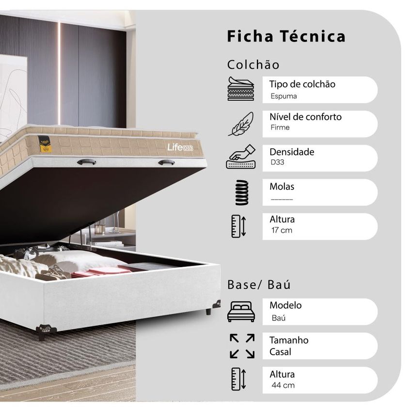 Cama Box Baú Casal Couro Branco + Colchão Life D33 Pillow Top 61x138x188cm Bege - E-shop Casa - imagem 3
