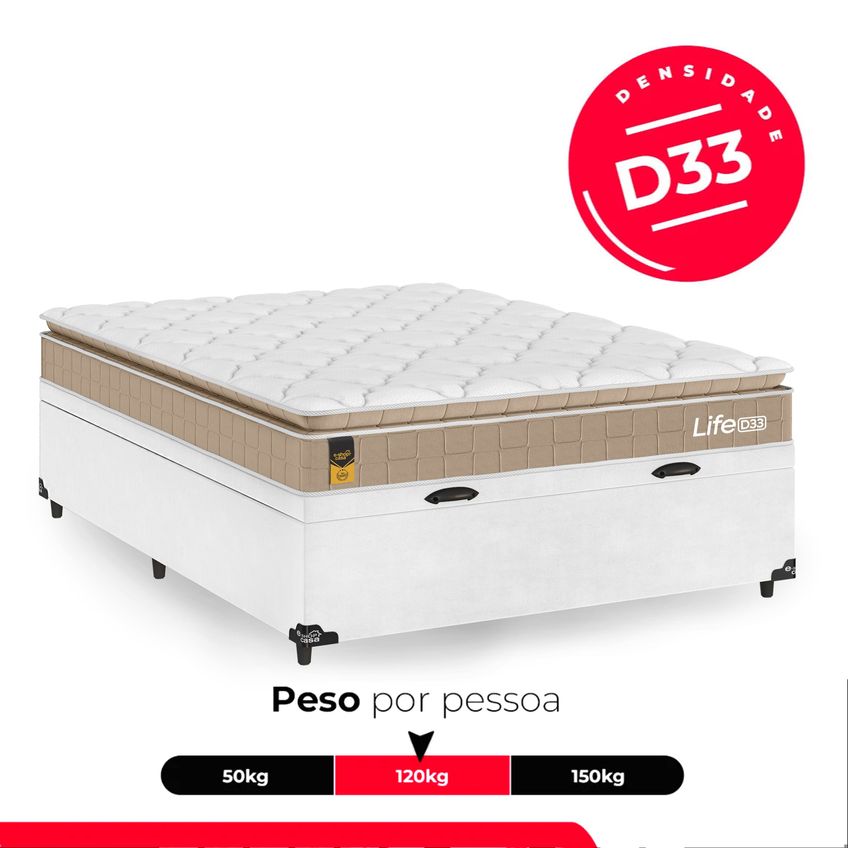 Cama Box Baú Casal Couro Branco + Colchão Life D33 Pillow Top 61x138x188cm Bege - E-shop Casa - imagem 4