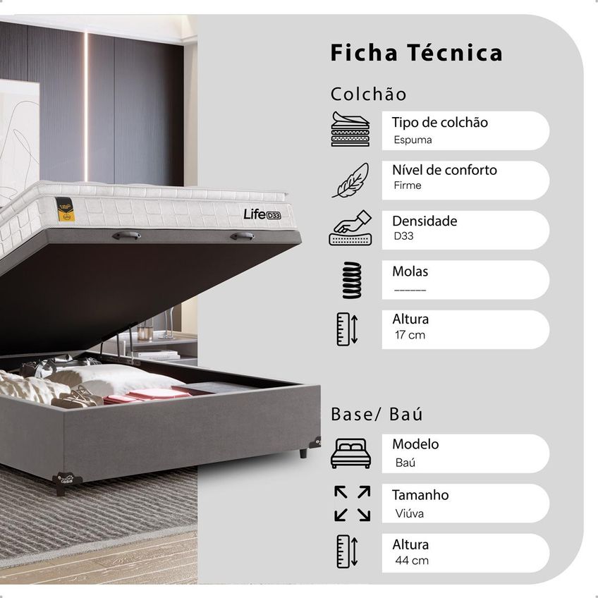 Cama Box Baú Viúva Cinza + Colchão Life D33 Pillow Top 61x128x188cm Branco - E-shop Casa - imagem 3