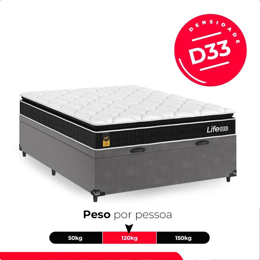 Cama Box Baú Viúva Cinza + Colchão Life D33 Pillow Top 61x128x188cm Preto E-shop Casa - imagem 4