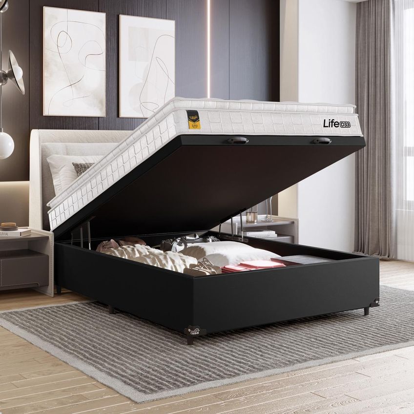 Cama Box Baú Viúva Couro Preto + Colchão Life D33 Pillow Top 61x128x188cm Branco - E-shop Casa - imagem 2