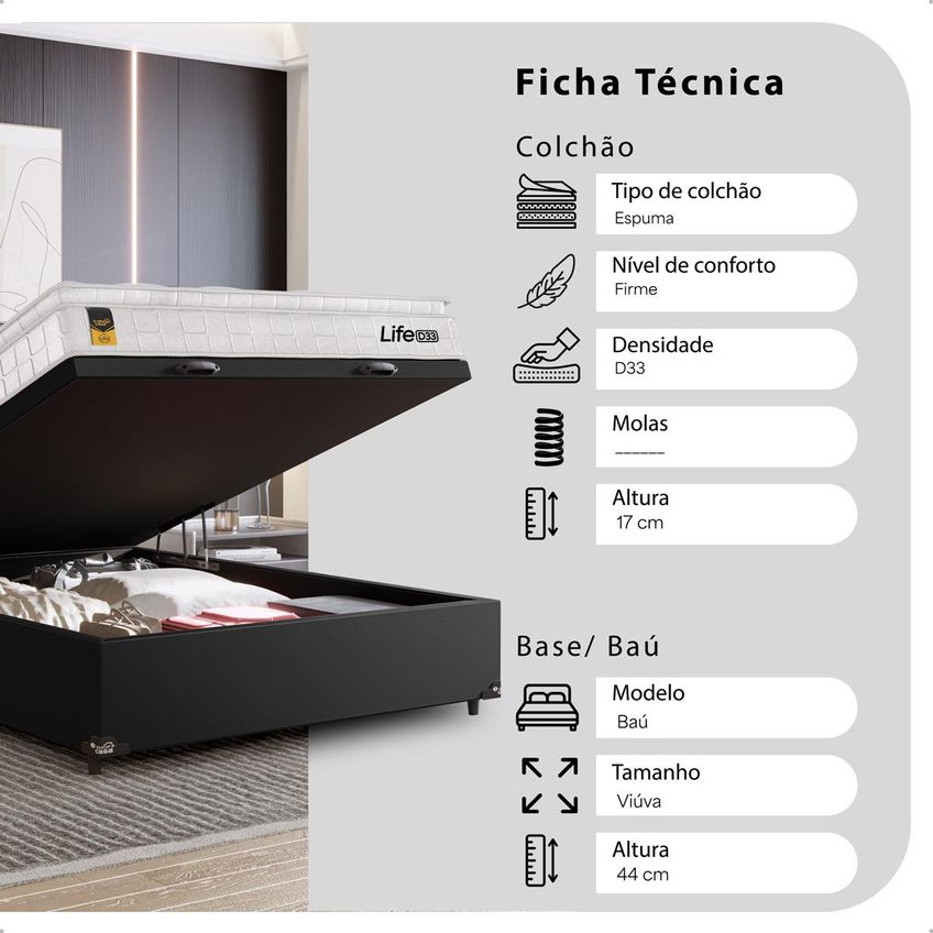 Cama Box Baú Viúva Couro Preto + Colchão Life D33 Pillow Top 61x128x188cm Branco - E-shop Casa - imagem 3