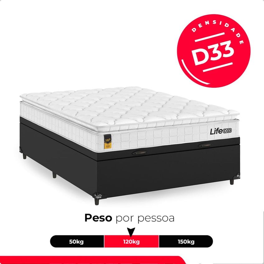 Cama Box Baú Viúva Couro Preto + Colchão Life D33 Pillow Top 61x128x188cm Branco - E-shop Casa - imagem 4