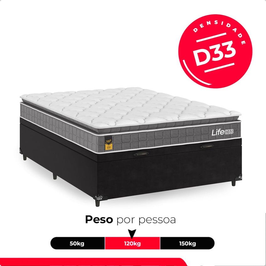 Cama Box Baú Viúva Preto + Colchão Life D33 Pillow Top 61x128x188cm Cinza - E-shop Casa - imagem 4