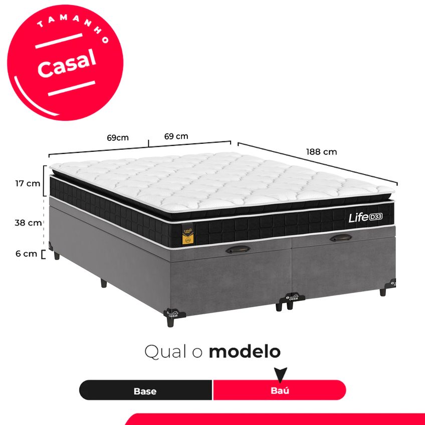 Cama Box Baú Casal Bipartido Cinza Colchão Life D33 Pillow Top 61x138x188cm Preto E-shop Casa - imagem 3