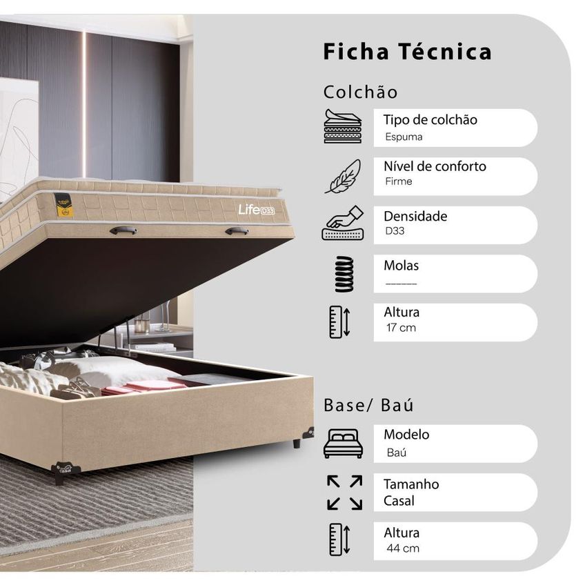 Cama Box Baú Casal Colchão Life D33 Pillow Top 61x138x188cm Bege E-shop Casa - imagem 3