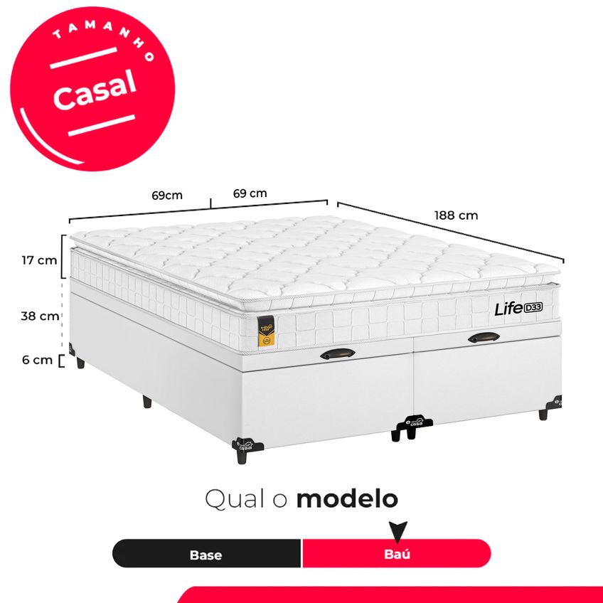 Cama Box Baú Casal Bipartido Couro Branco + Colchão Life D33 Pillow Top 61x138x188cm Branco - E-shop Casa - imagem 3