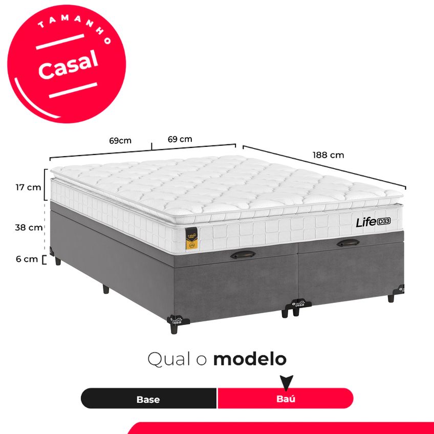 Cama Box Baú Casal Bipartido Cinza + Colchão Life D33 Pillow Top 61x138x188cm Branco - E-shop Casa - imagem 3