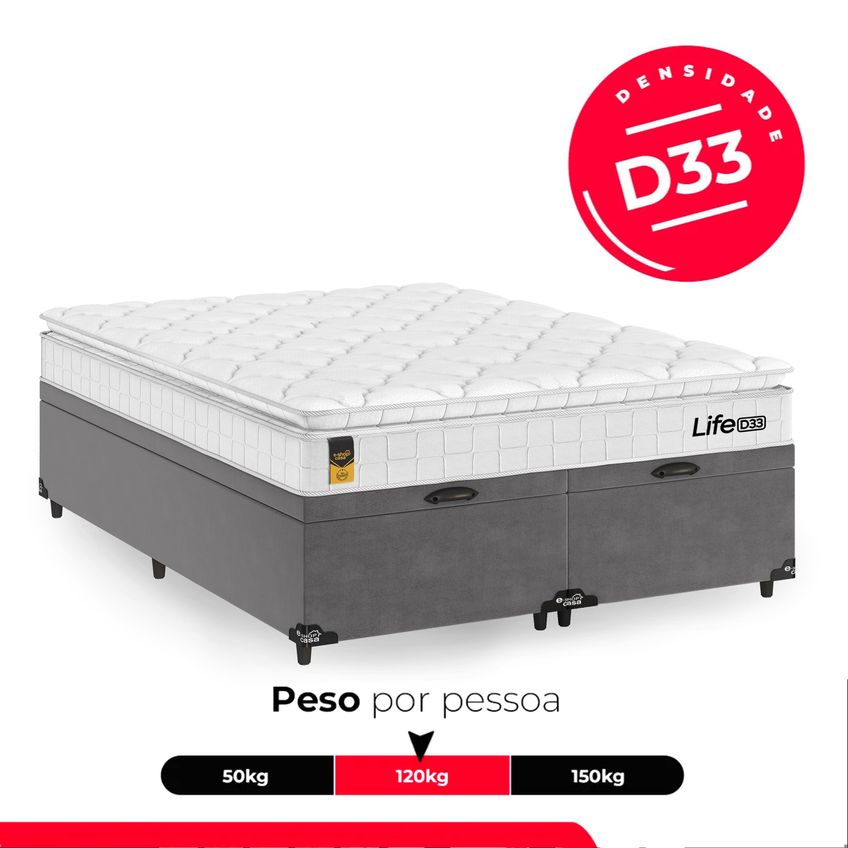 Cama Box Baú Casal Bipartido Cinza + Colchão Life D33 Pillow Top 61x138x188cm Branco - E-shop Casa - imagem 4
