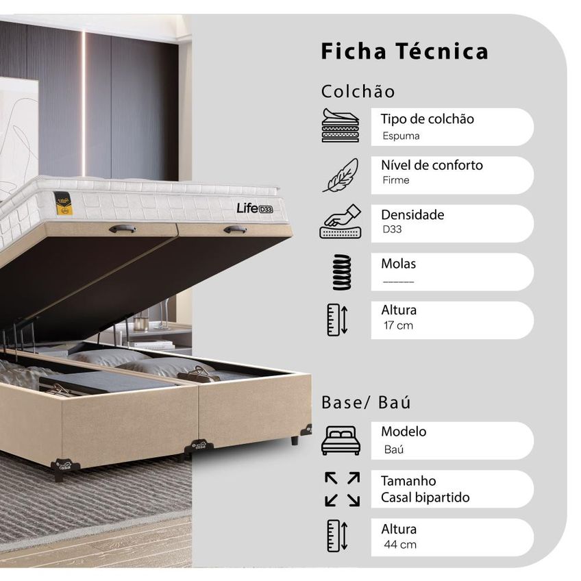 Cama Box Baú Casal Bipartido Bege Colchão Life D33 Pillow Top 61x138x188cm Branco E-shop Casa - imagem 3