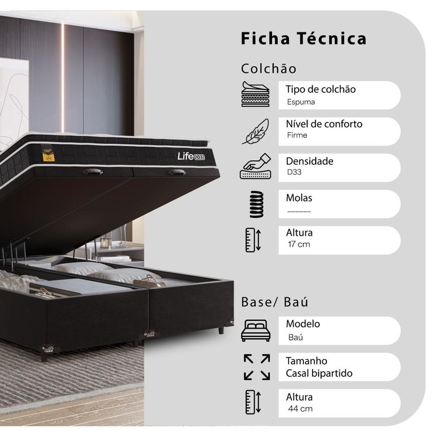 Cama Box Baú Casal Bipartido Colchão Life D33 Pillow Top 61x138x188cm Preto E-shop Casa - imagem 3