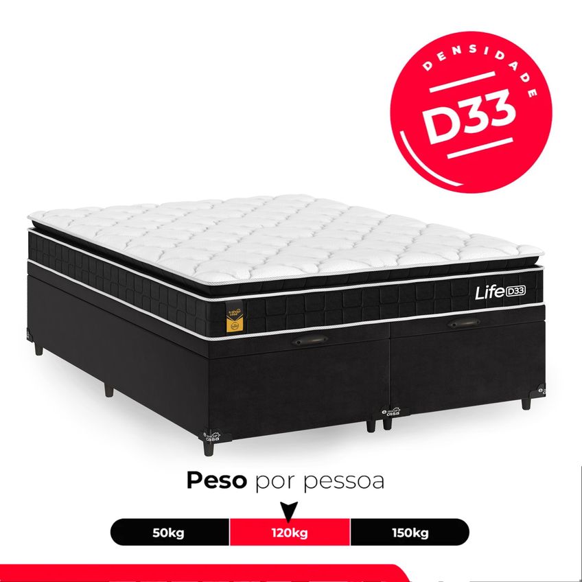 Cama Box Baú Casal Bipartido Colchão Life D33 Pillow Top 61x138x188cm Preto E-shop Casa - imagem 4