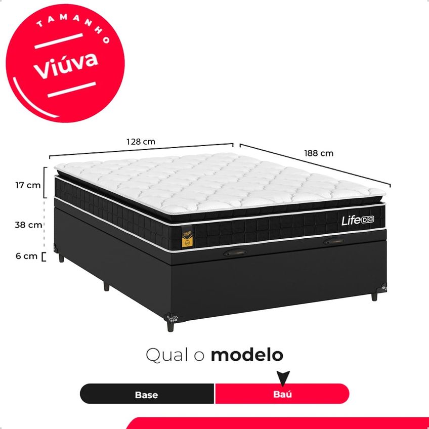 Cama Box Baú Viúva Couro Preto + Colchão Life D33 Pillow Top 61x128x188cm Preto - E-shop Casa - imagem 3