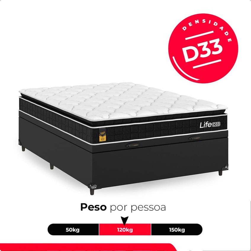 Cama Box Baú Viúva Couro Preto + Colchão Life D33 Pillow Top 61x128x188cm Preto - E-shop Casa - imagem 4