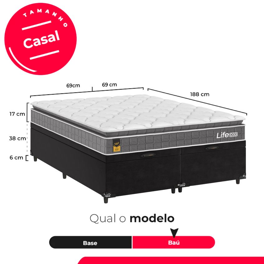 Cama Box Baú Casal Bipartido Preto + Colchão Life D33 Pillow Top 61x138x188cm Cinza - E-shop Casa - imagem 3