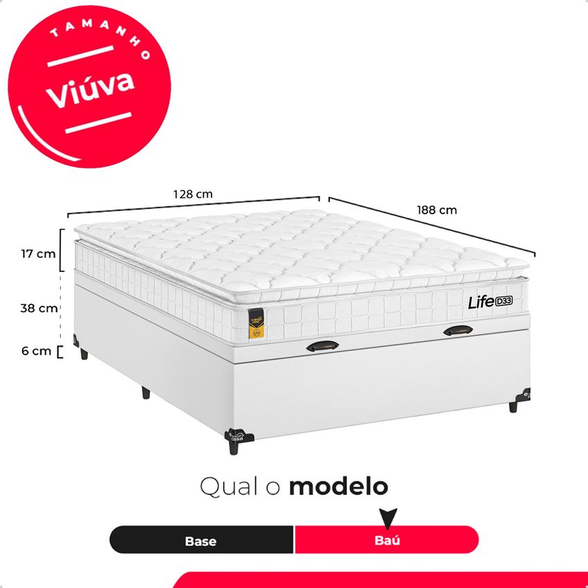 Cama Box Baú Viúva Couro Branco + Colchão Life D33 Pillow Top 61x128x188cm Branco - E-shop Casa - imagem 3