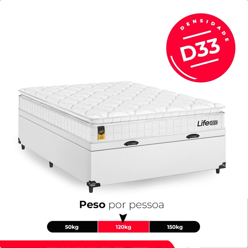 Cama Box Baú Viúva Couro Branco + Colchão Life D33 Pillow Top 61x128x188cm Branco - E-shop Casa - imagem 4