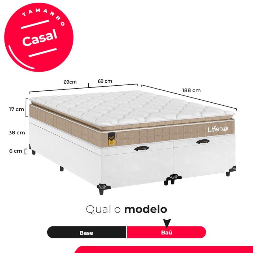 Cama Box Baú Casal Bipartido Couro Branco + Colchão Life D33 Pillow Top 61x138x188cm Bege - E-shop Casa - imagem 4