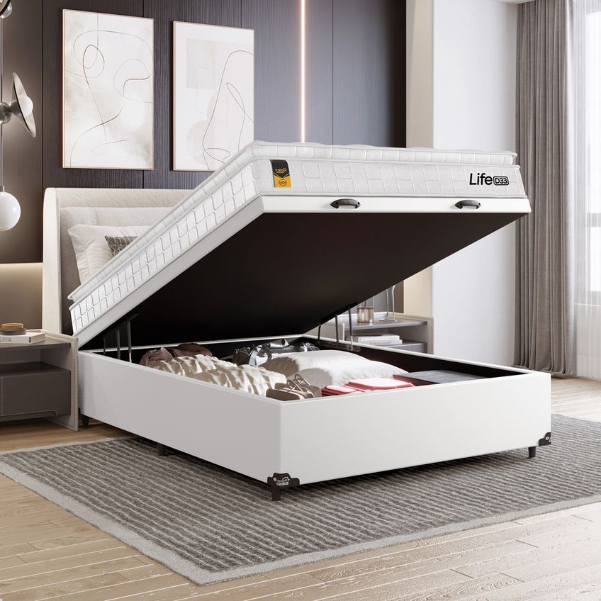 Cama Box Baú Viúva Couro Branco + Colchão Life D33 Pillow Top 61x128x188cm Branco - E-shop Casa - imagem 5