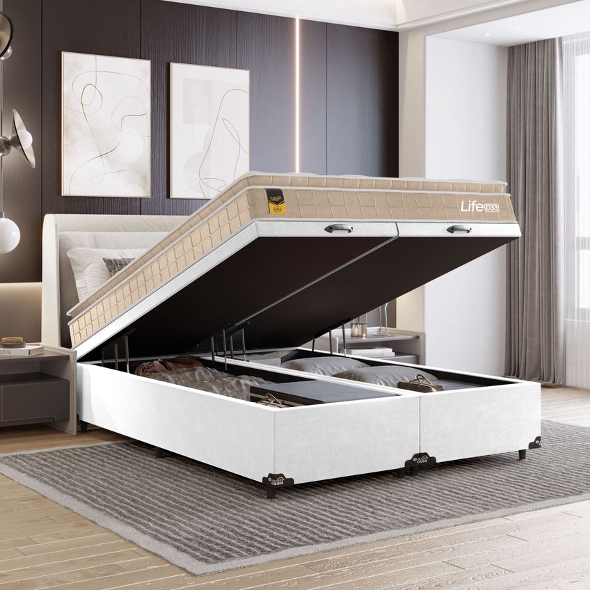 Cama Box Baú Casal Bipartido Couro Branco + Colchão Life D33 Pillow Top 61x138x188cm Bege - E-shop Casa - imagem 5