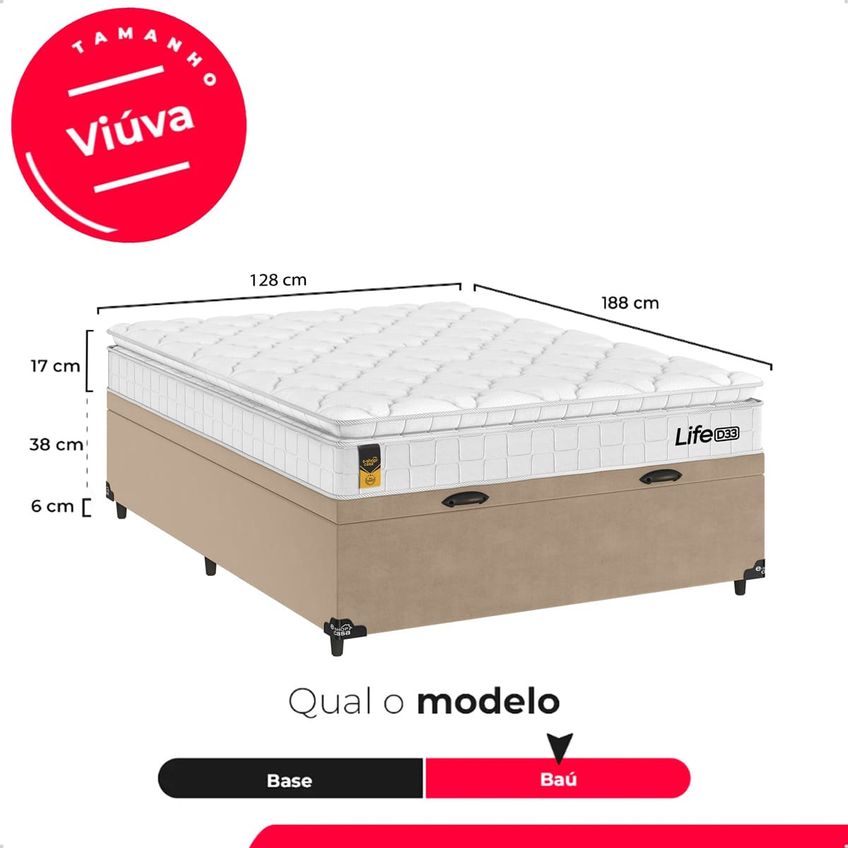 Cama Box Baú Viúva Bege + Colchão Life D33 Pillow Top 61x128x188cm Branco - E-shop Casa - imagem 3