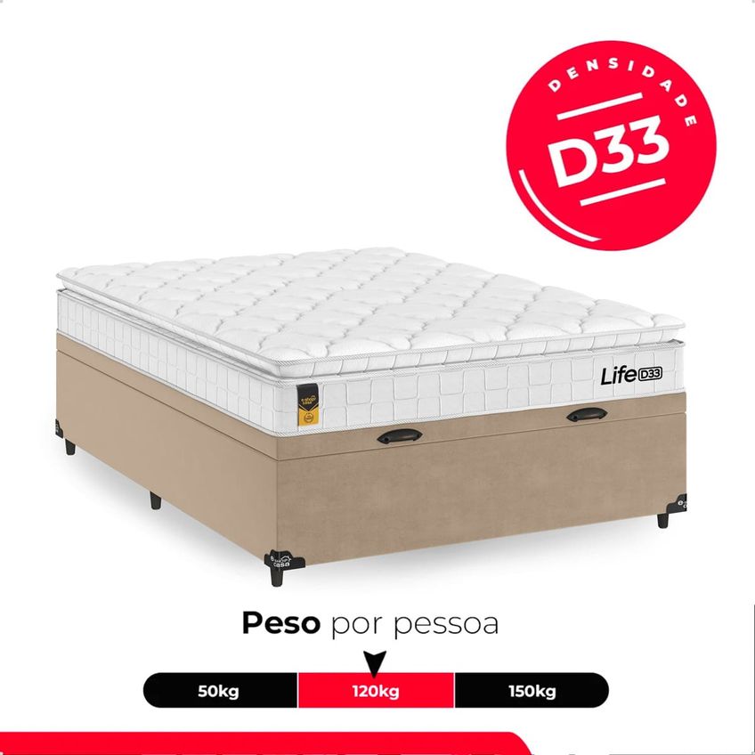 Cama Box Baú Viúva Bege + Colchão Life D33 Pillow Top 61x128x188cm Branco - E-shop Casa - imagem 4