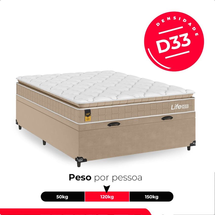 Cama Box Baú Viúva + Colchão Life D33 Pillow Top 61x128x188cm - Bege - E-shop Casa - imagem 4