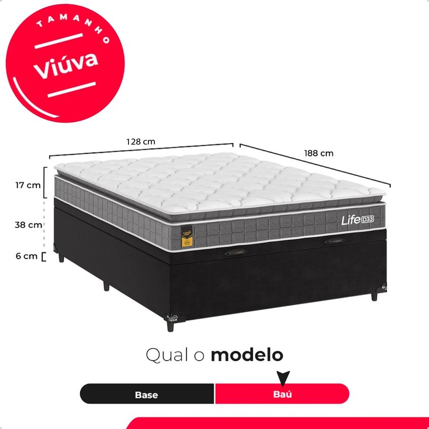 Cama Box Baú Casal Cinza + Colchão Life D33 Pillow Top 61x138x188cm Preto - E-shop Casa - imagem 3