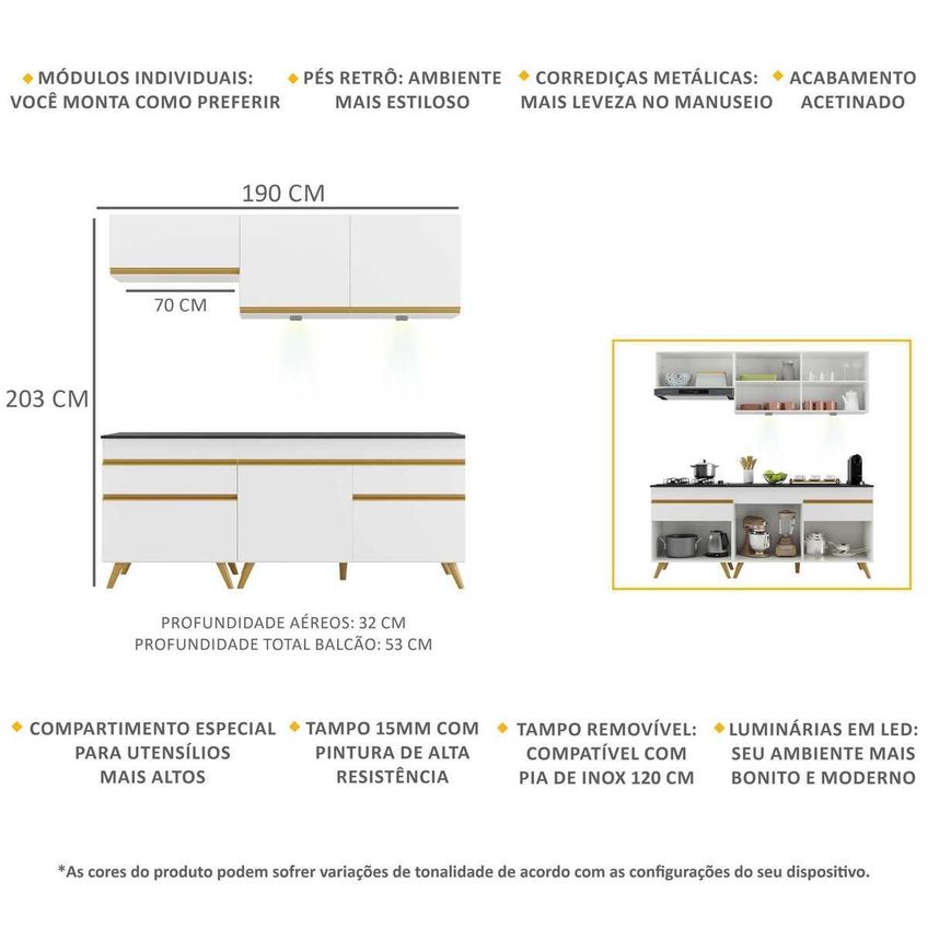 Cozinha Completa Compacta Armário LED FL2030 Veneza Multi Branco/Dourado - imagem 3