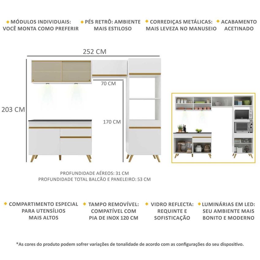 Cozinha Completa Compacta Armário LED FL2017 Veneza Multi Branco/Dourado - imagem 3