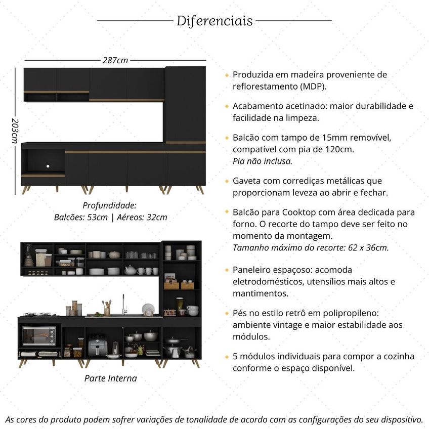 Cozinha Completa Compacta Armário Balcão FL2270 Veneza Multi Preto/Dourado - imagem 3