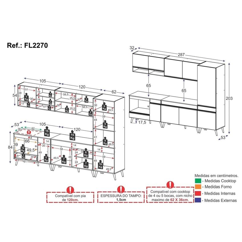 Cozinha Completa Compacta Armário Balcão FL2270 Veneza Multi Preto/Dourado - imagem 4