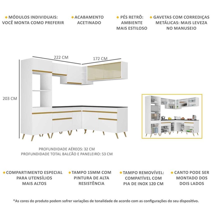 Cozinha Completa Compacta Armário Canto FL2064 Veneza Multi Branco/Dourado - imagem 3
