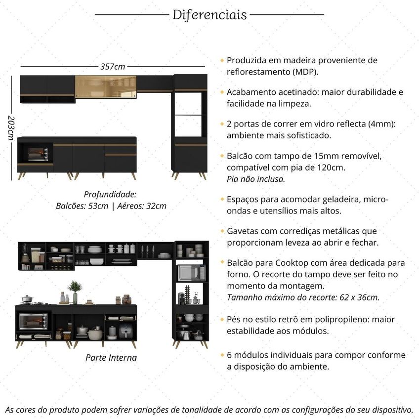 Cozinha Completa Compacta Armário Balcão FL2274 Veneza Multi Preto/Dourado - imagem 3