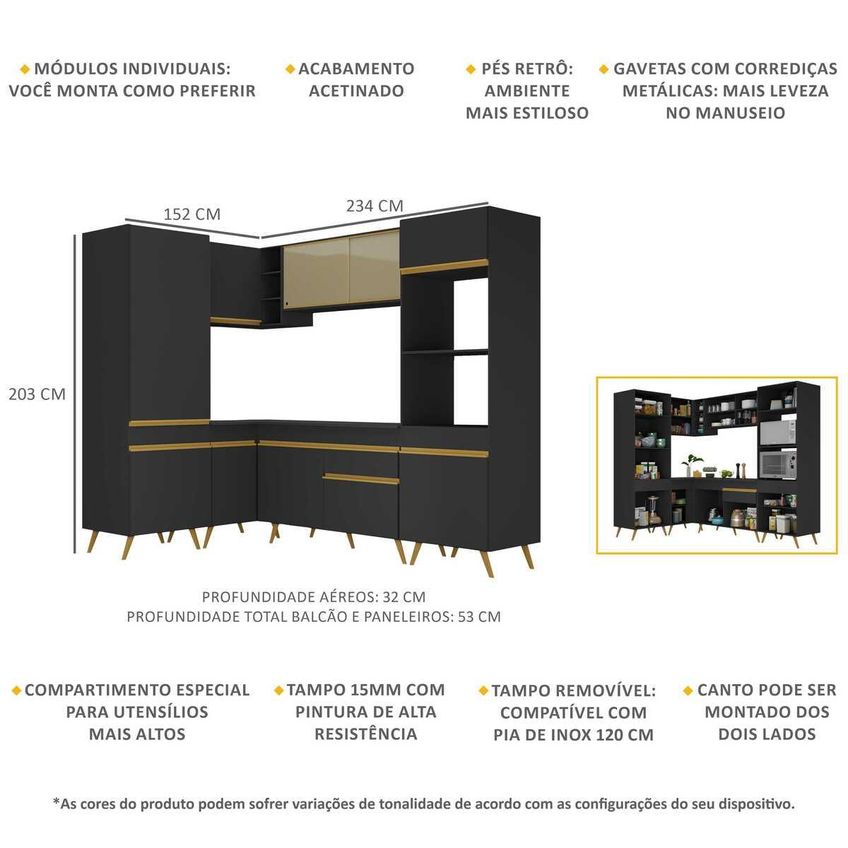 Cozinha Completa Compacta Armário Canto FL2049 Veneza Multi Preto/Dourado - imagem 3