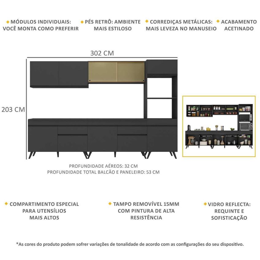 Cozinha Completa Compacta Armário Balcão FL3689 Veneza Multi Preto - imagem 3