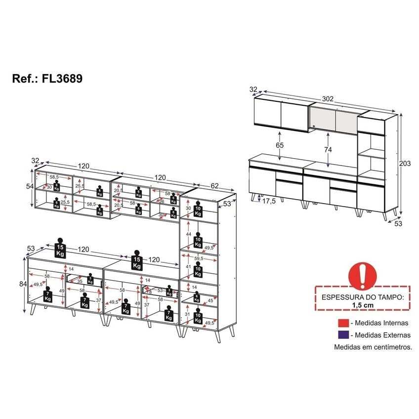 Cozinha Completa Compacta Armário Balcão FL3689 Veneza Multi Preto - imagem 4