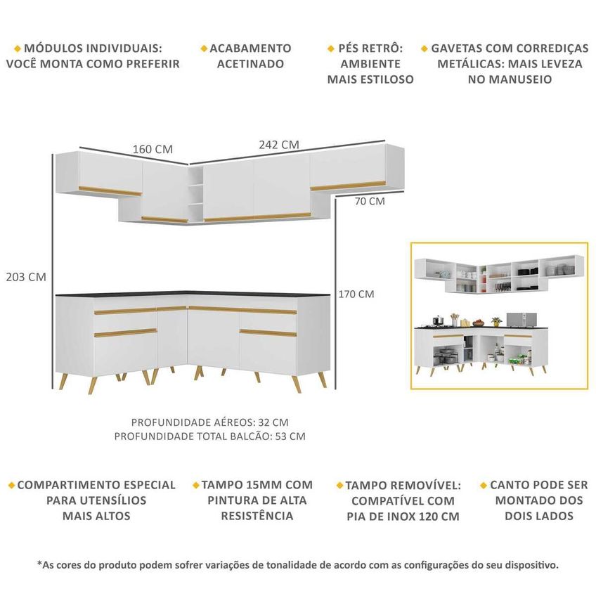 Cozinha Completa Compacta Armário Canto FL2069 Veneza Multi Branco/Dourado - imagem 3