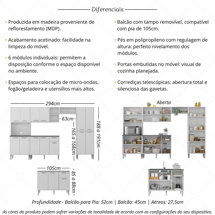 Cozinha Completa Compacta Armário Balcão FL2285 Siena Multi Branco - imagem 3