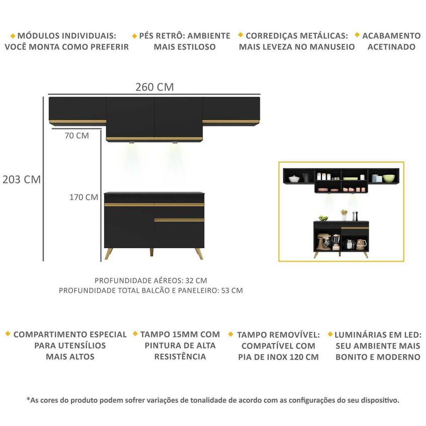 Cozinha Completa Compacta Armário LED FL2022 Veneza Multi Preto/Dourado - imagem 3