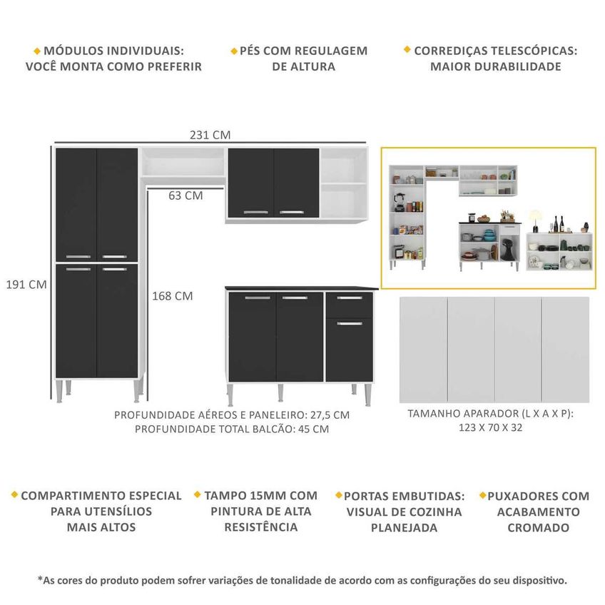 Armário De Cozinha Compacta Com Buffet FL2041 Siena Multi Branco/Preto - imagem 3