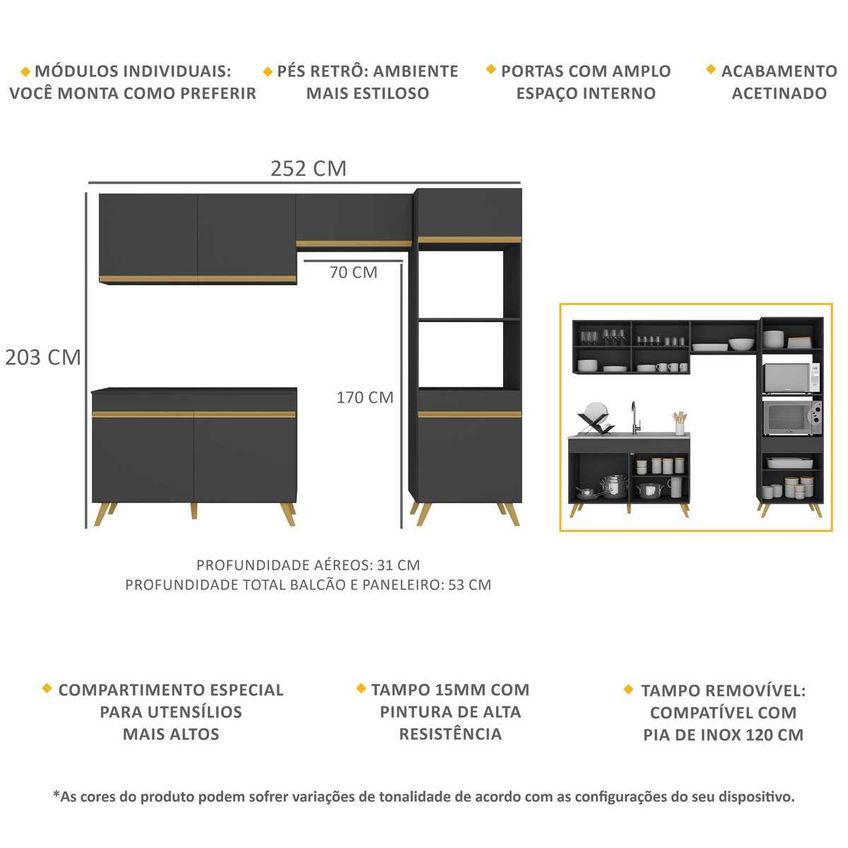 Cozinha Completa Compacta Armário Balcão FL3749 Veneza Multi Preto/Dourado - imagem 3