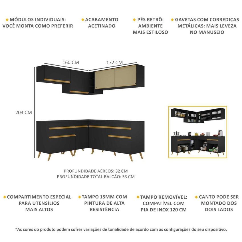 Cozinha Completa Compacta Armário Canto FL2062 Veneza Multi Preto/Dourado - imagem 3